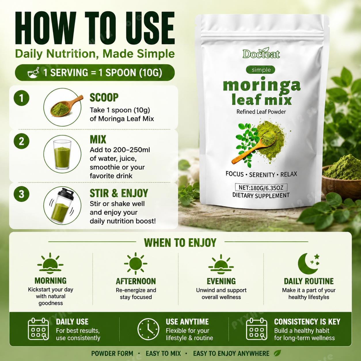 Moringa Leaf Powder - Docteat Pó de Mistura de Folhas